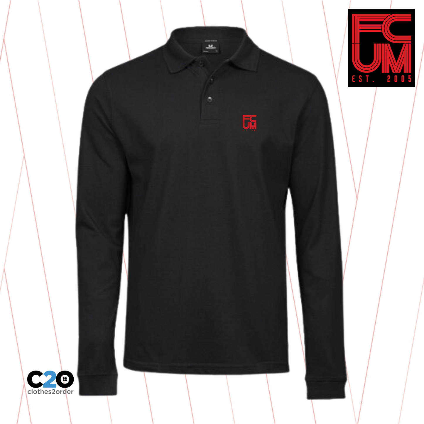FCUM Luxury Casual Long Sleeve Stretch Polo - Black with Red Logo