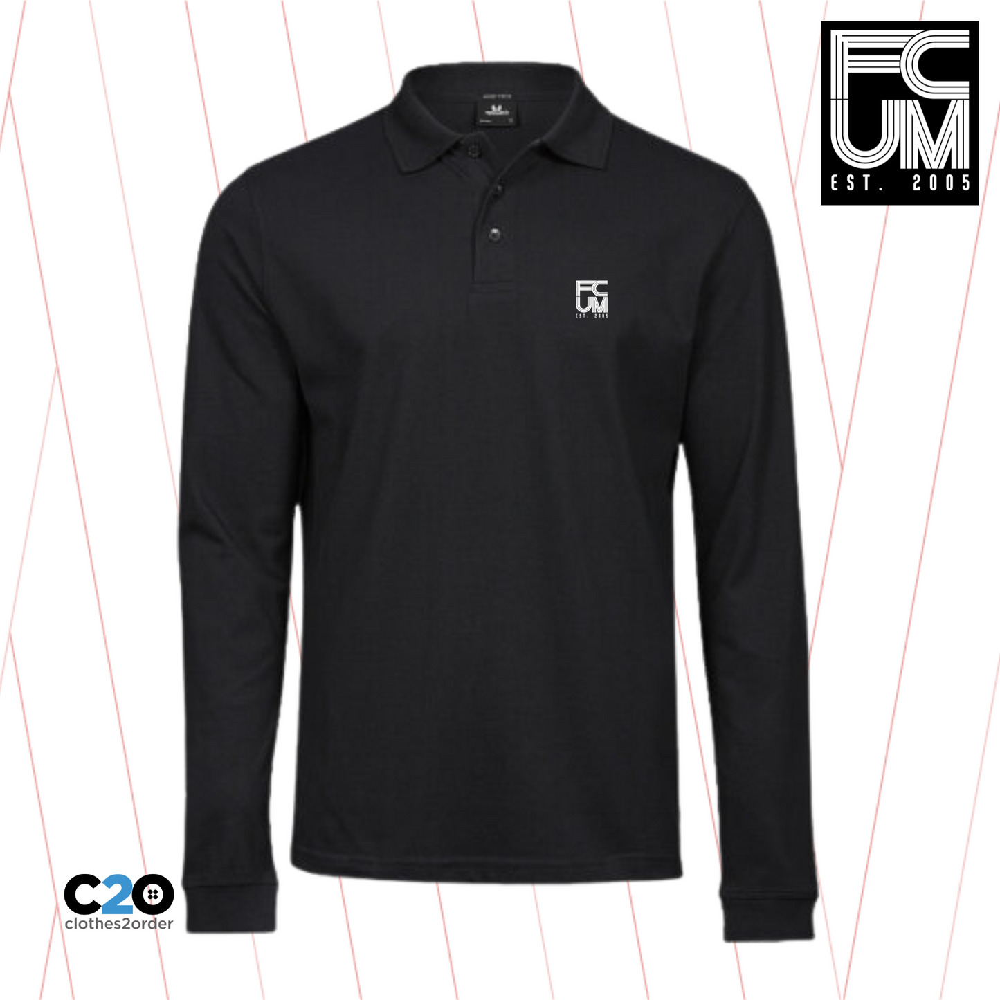 FCUM Luxury Casual Long Sleeve Stretch Polo - Black with White Logo