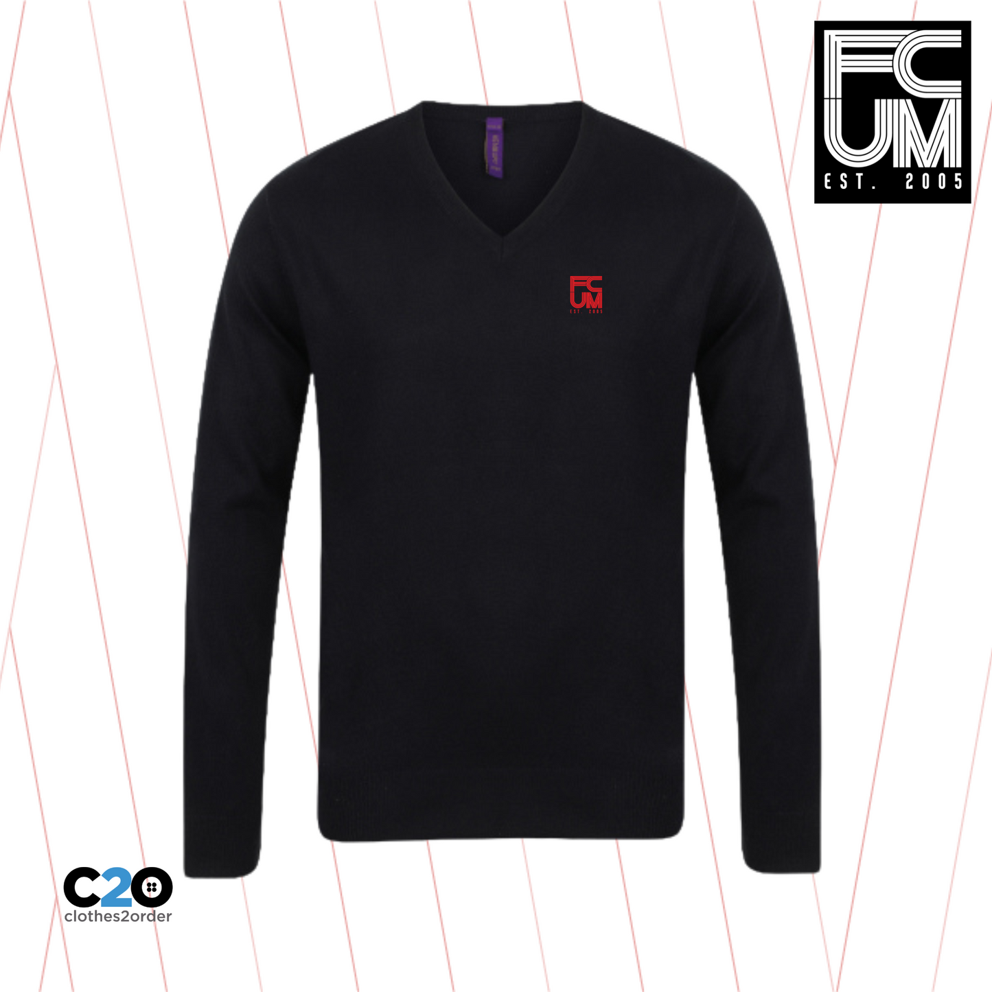 FCUM Placid Casual 12 Guage V Neck Jumper - Black with Red Logo