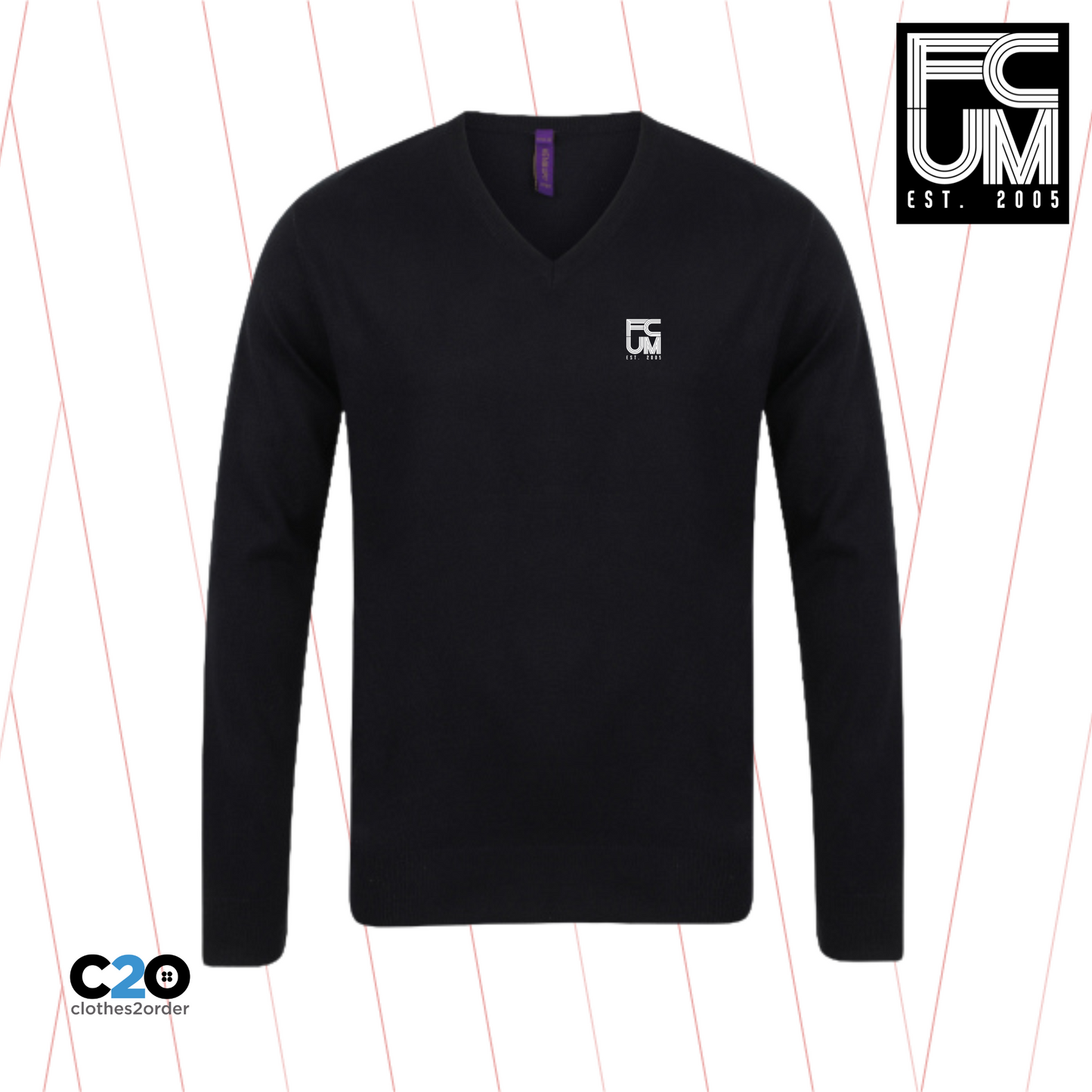 FCUM Placid Casual 12 Guage V Neck Jumper - Black with White Logo
