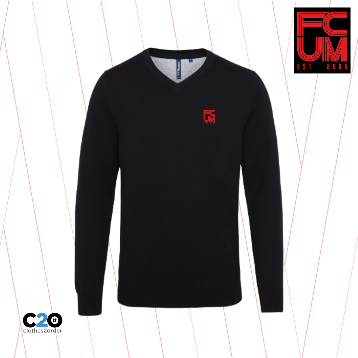 FCUM Classic Terrace Cotton Blend V-Neck Sweater - Black with Red logo